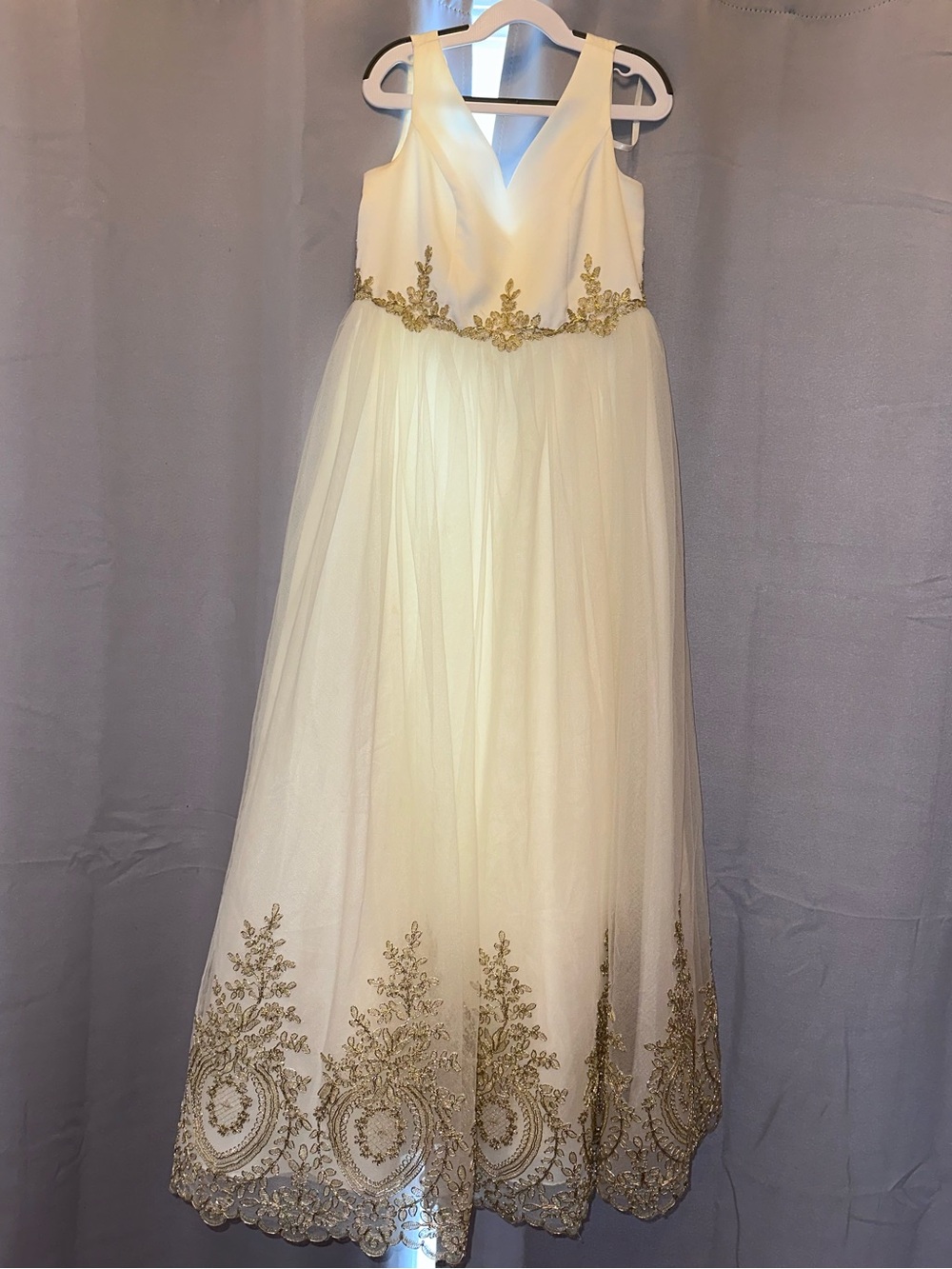 Ivory Formal Tulle Dress with Gold Embellished Waist and Hem